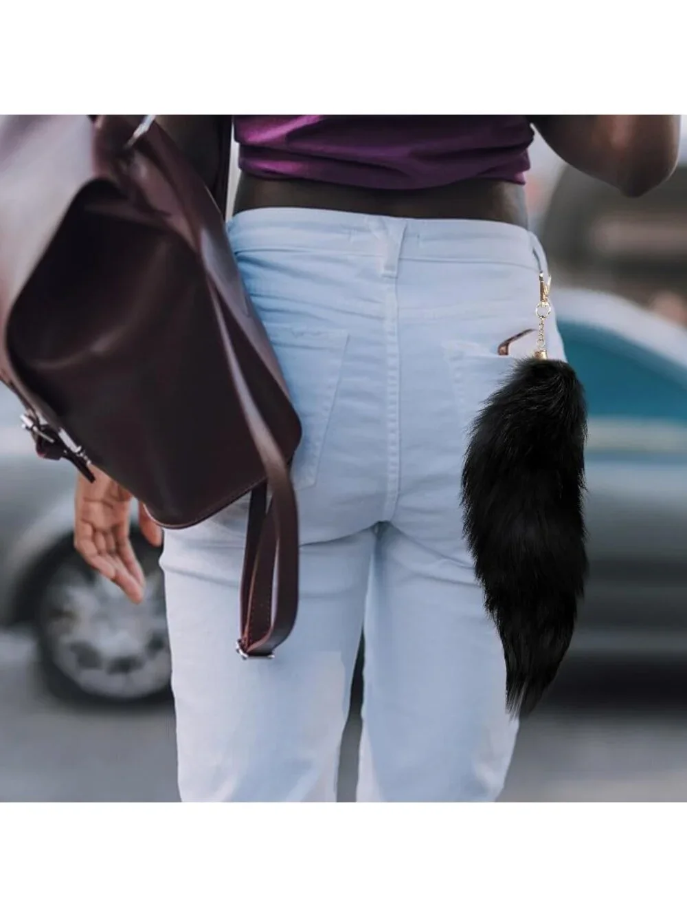 Women's Black Pendant Cosplay Costume Halloween Furry Tails Keychain Handbag